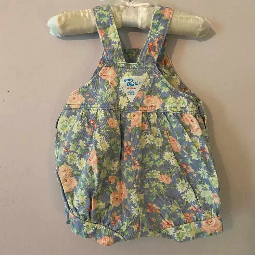 Oshkosh Baby B'gosh Vintage 90s Blue Pink Floral Overall Romper Girls' 3/6 Month